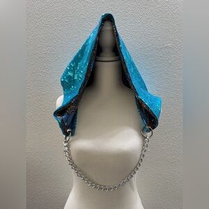 Turquoise Sequin Hooded Scarf with Chain